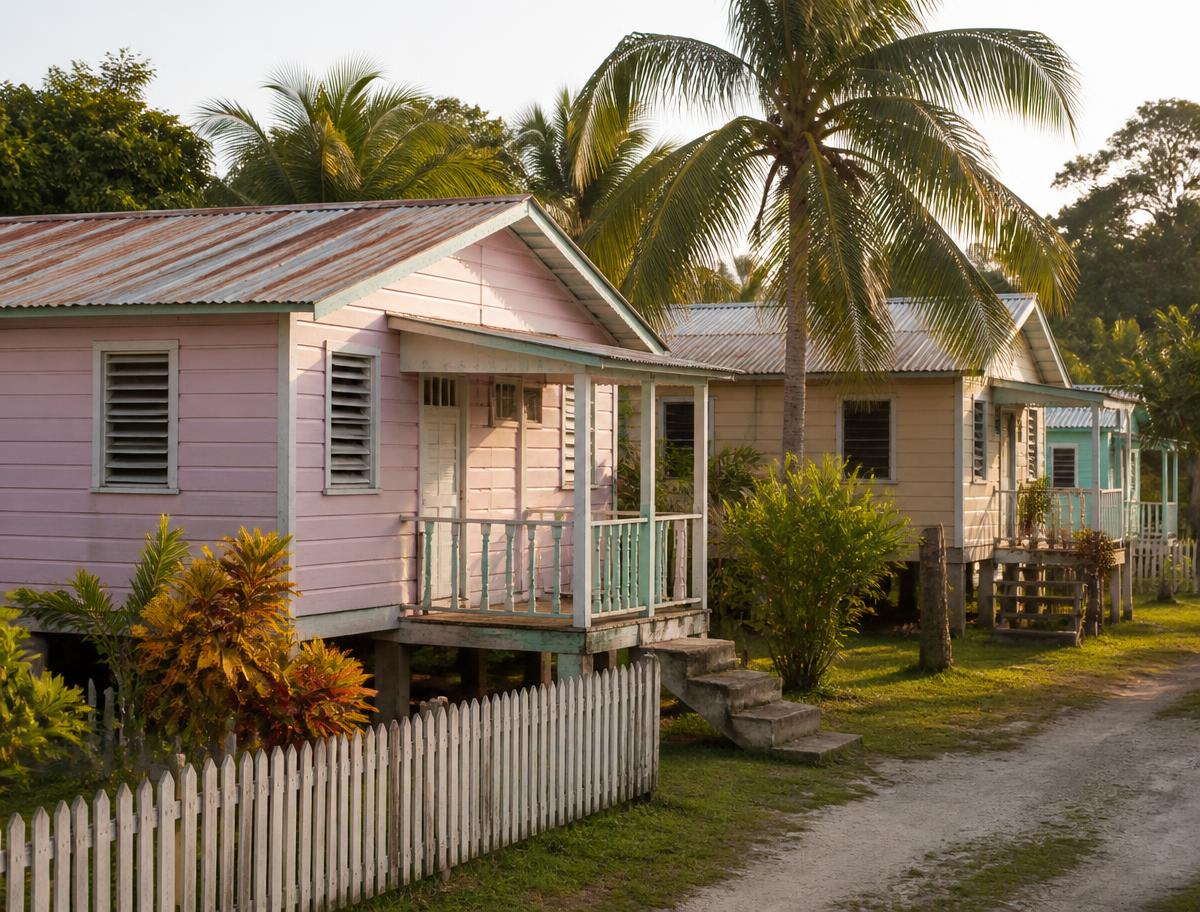 Pastel clapboard Belizean houses on stilts with tin roofs and palm trees