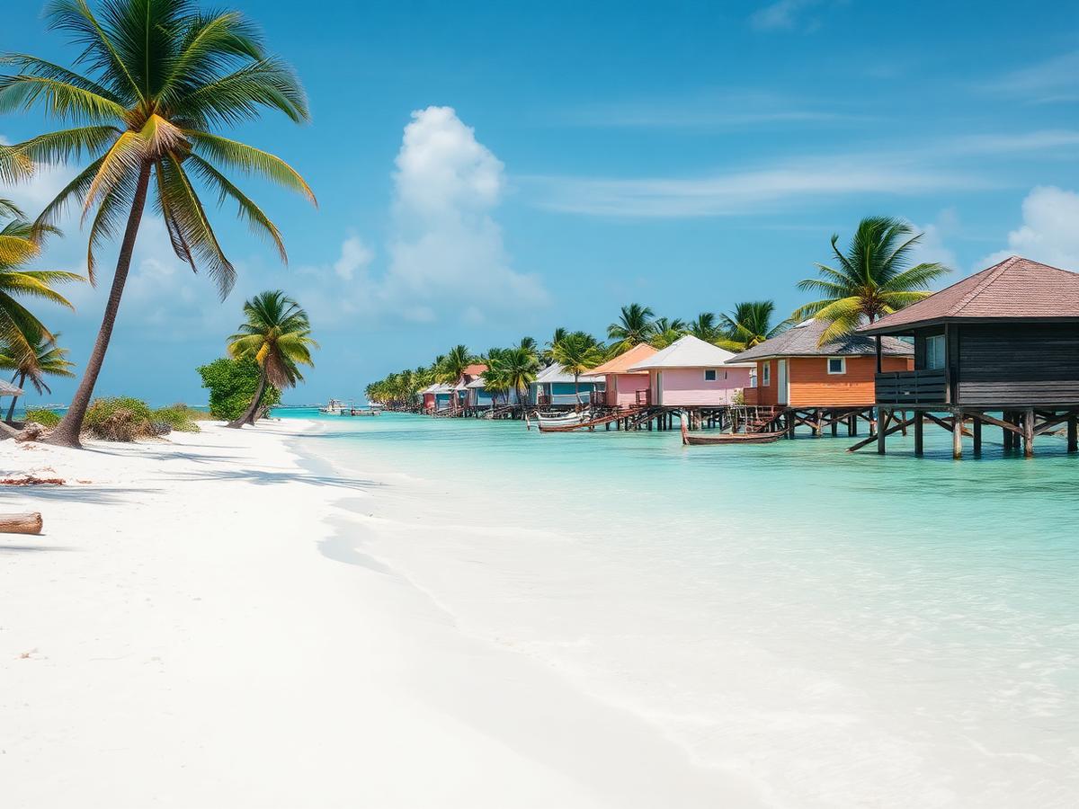 Sandy lane and stilt houses beside turquoise water on Caye Caulker, Belize