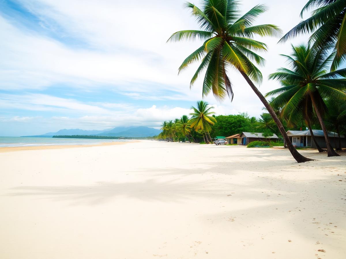 Quiet sandy beach lined with palms near Hopkins village, Belize
